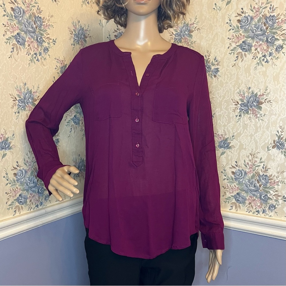 Lucky Brand Purple Long Sleeve Hi Low Half Button Blouse, Size S